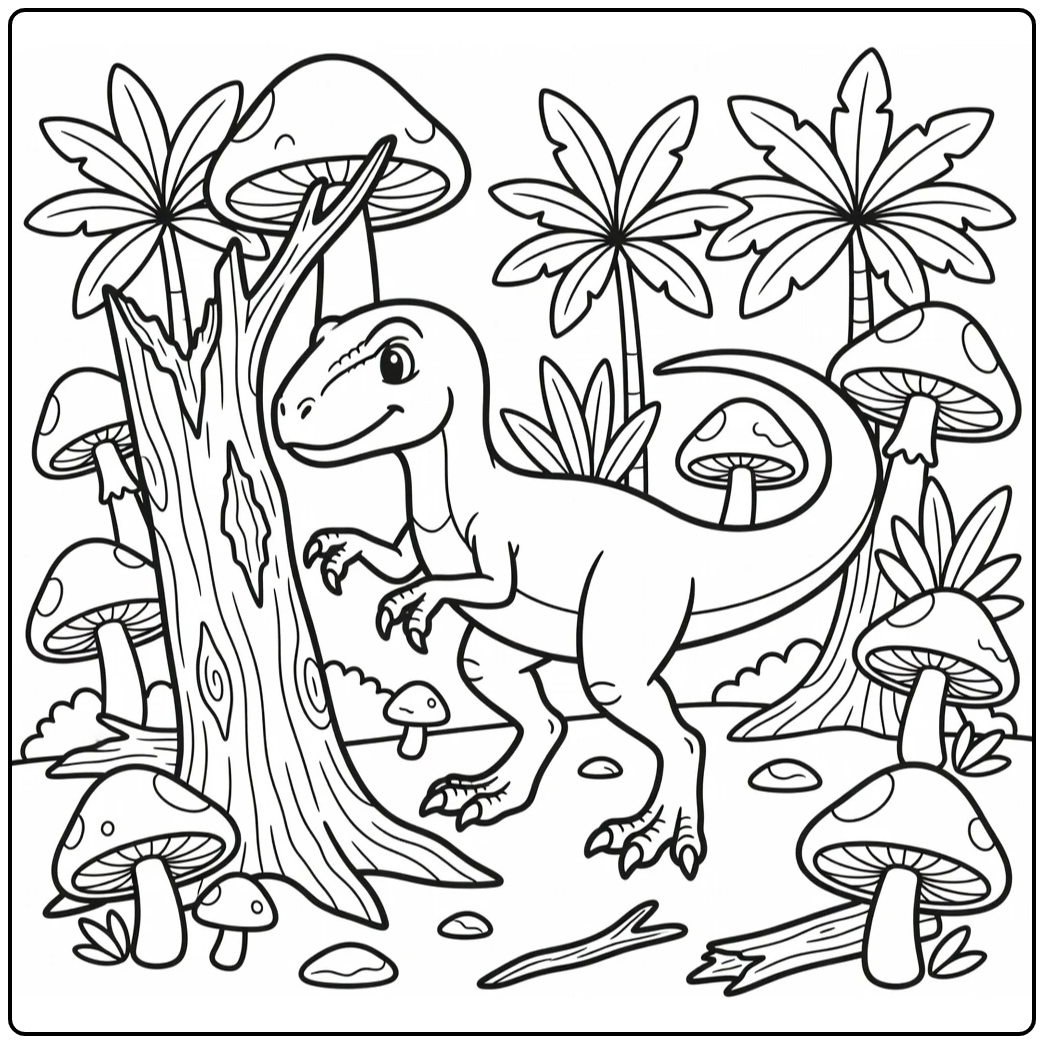 velociraptor coloring page cute dino sniffing tree trunk