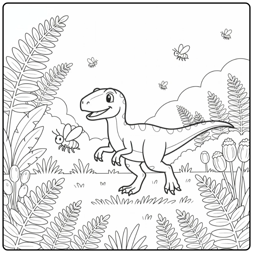 Velociraptor coloring page dinosaur chasing prehistoric insect