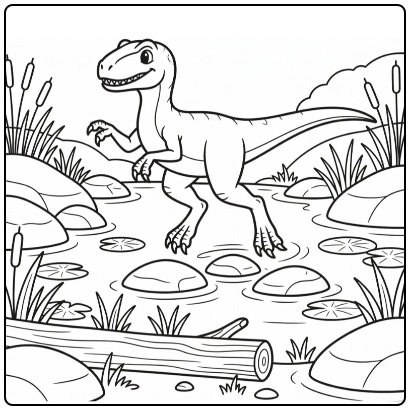 velociraptor coloring page dinosaur leaping over stream