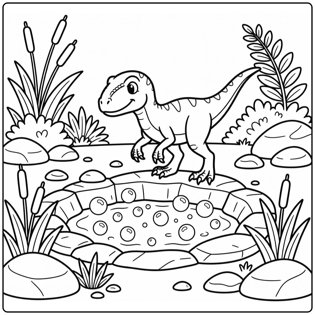 velociraptor coloring page dinosaur watching tar pit from ledge