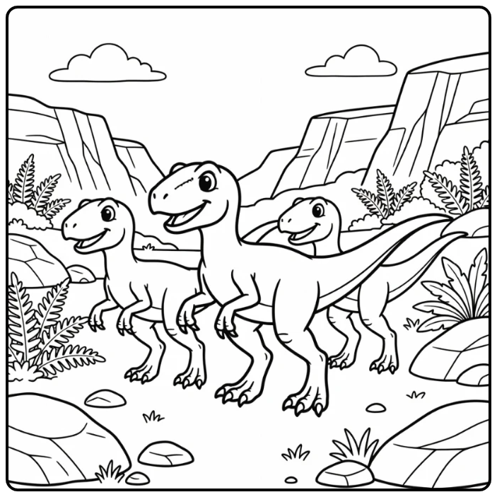 velociraptor coloring page with three dinosaurs in rocky valley