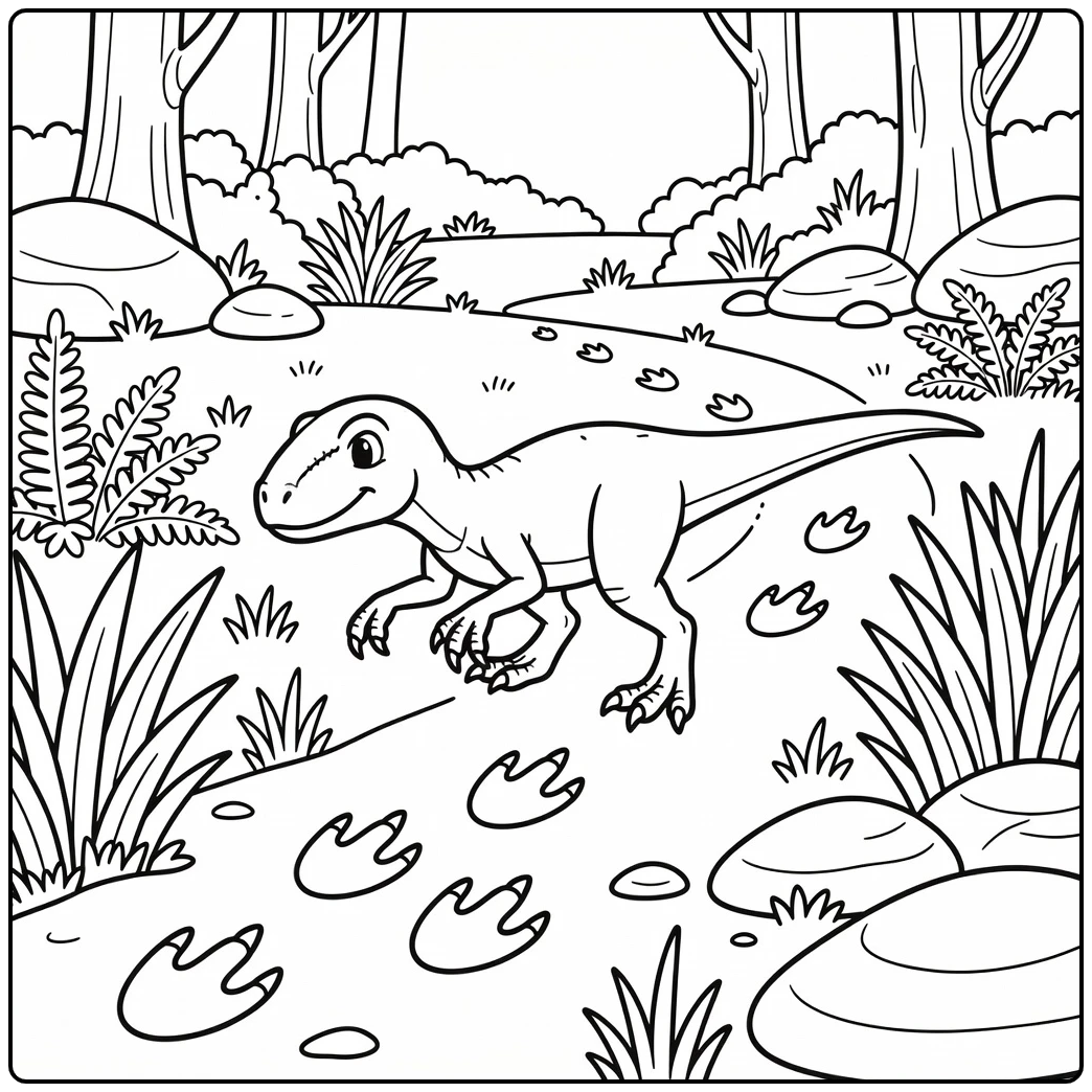 Velociraptor coloring page with dinosaur in tall grass