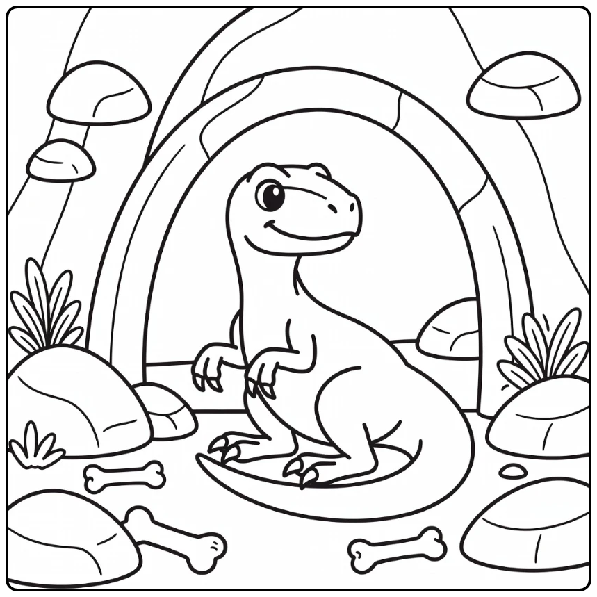 velociraptor coloring page dinosaur curled by cave entrance