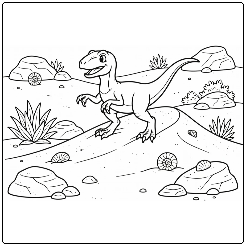 Velociraptor coloring page dinosaur sliding on dune