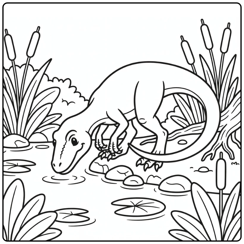 Velociraptor coloring page dinosaur drinking from pond