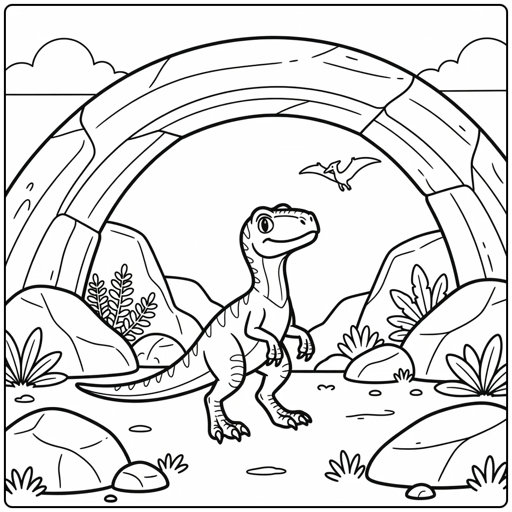 Velociraptor coloring page showing dinosaur under large rock