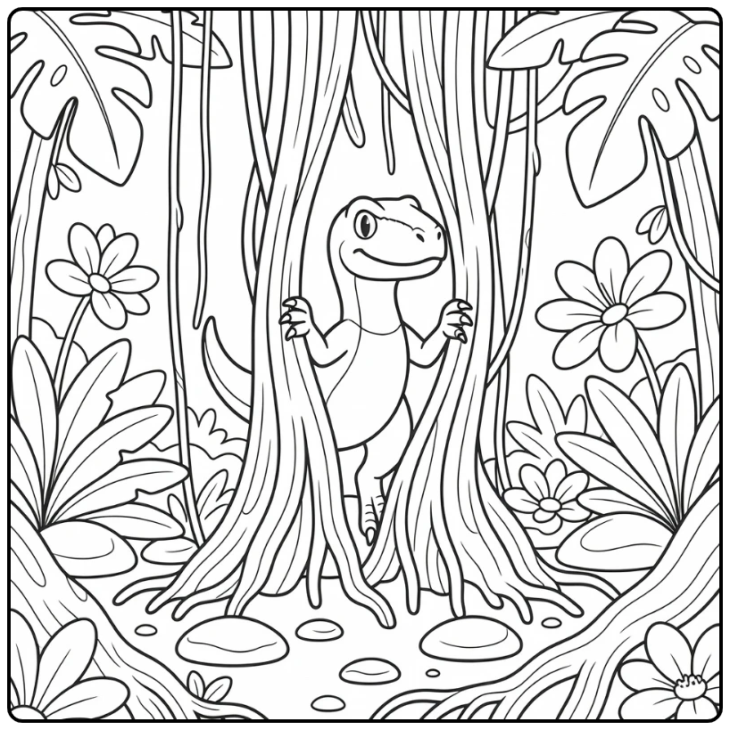 Velociraptor coloring page pushing through jungle vines