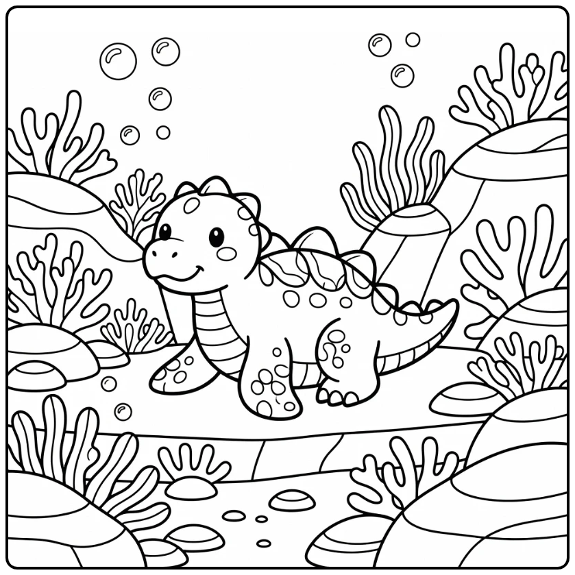 Water dinosaur coloring page of armored marine dinosaur near coral
