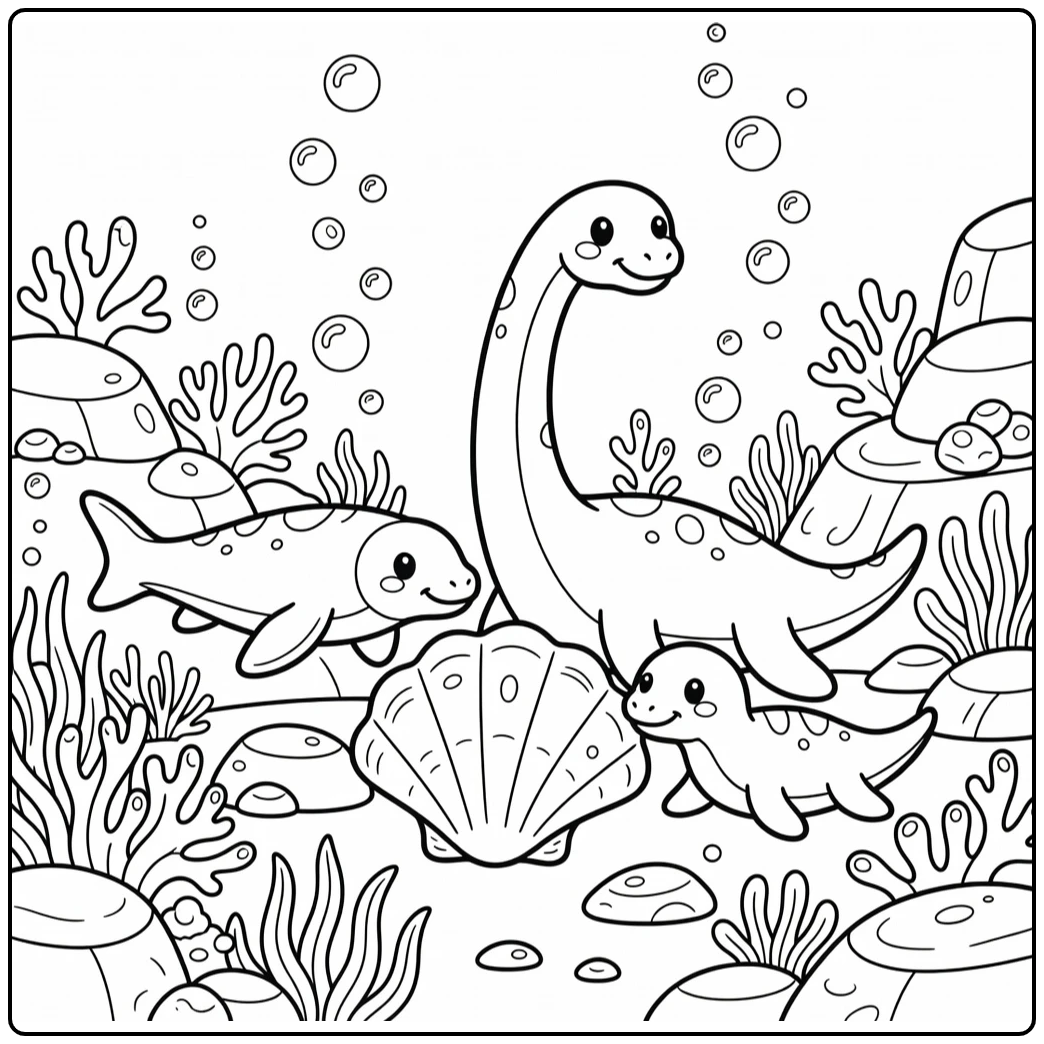Water dinosaur coloring page with plesiosaur near seashell