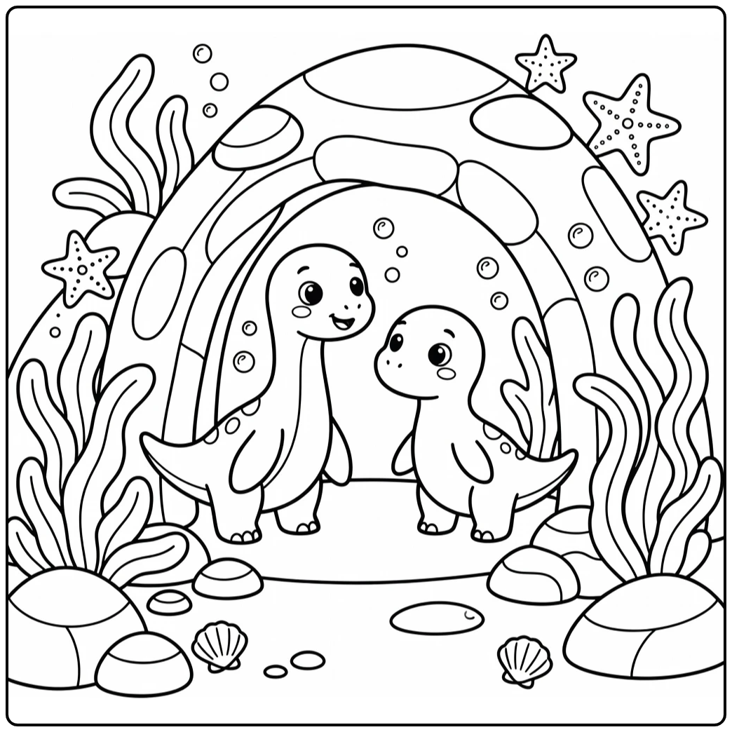 Water Dinosaur Coloring Page with Two Exploring Marine Dinosaurs