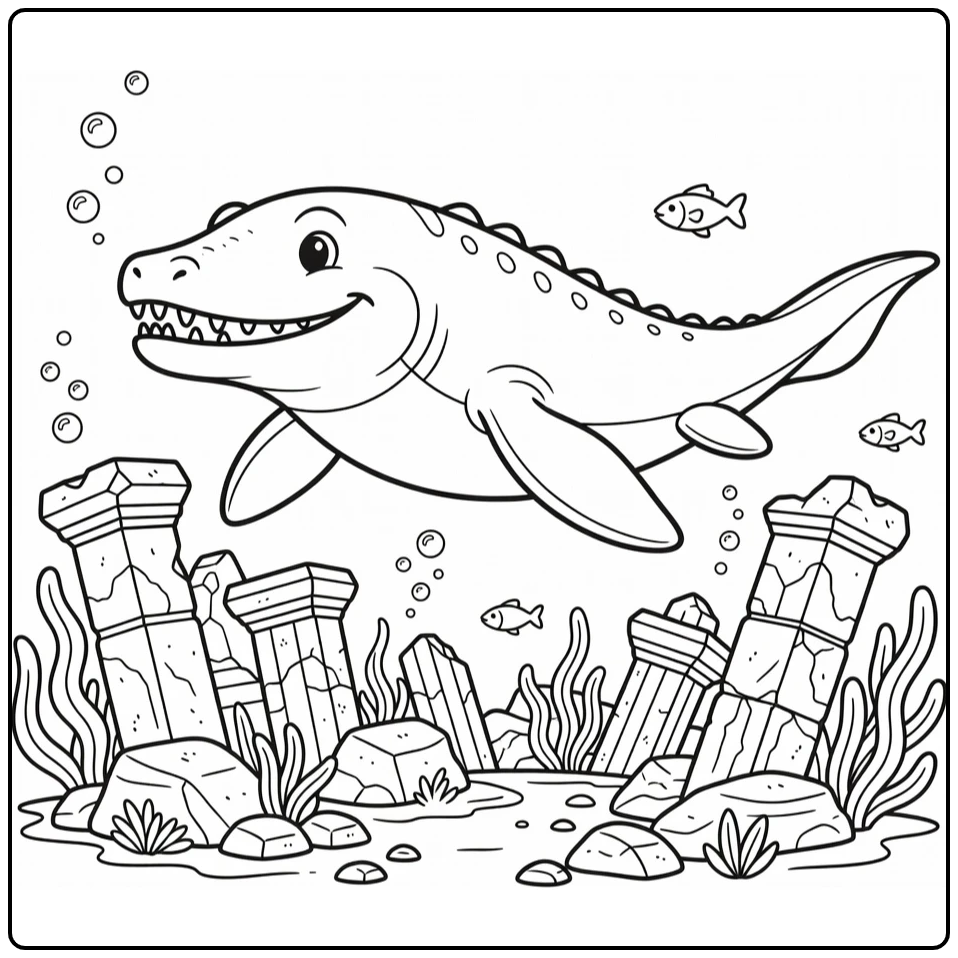 Water dinosaur coloring page with mosasaur near ruins