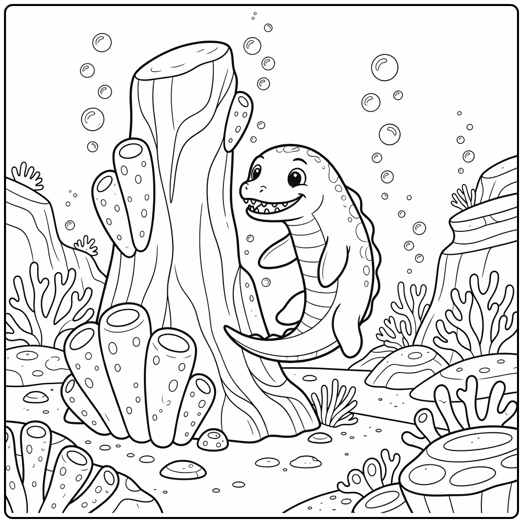 Water dinosaur coloring page of mosasaur by rock pillar