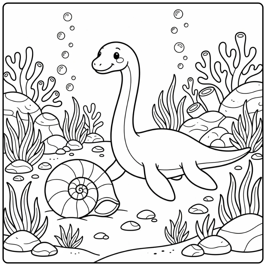 Water dinosaur coloring page with elasmosaurus and shell
