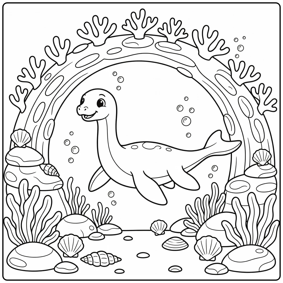Water dinosaur coloring page with plesiosaur in coral arch