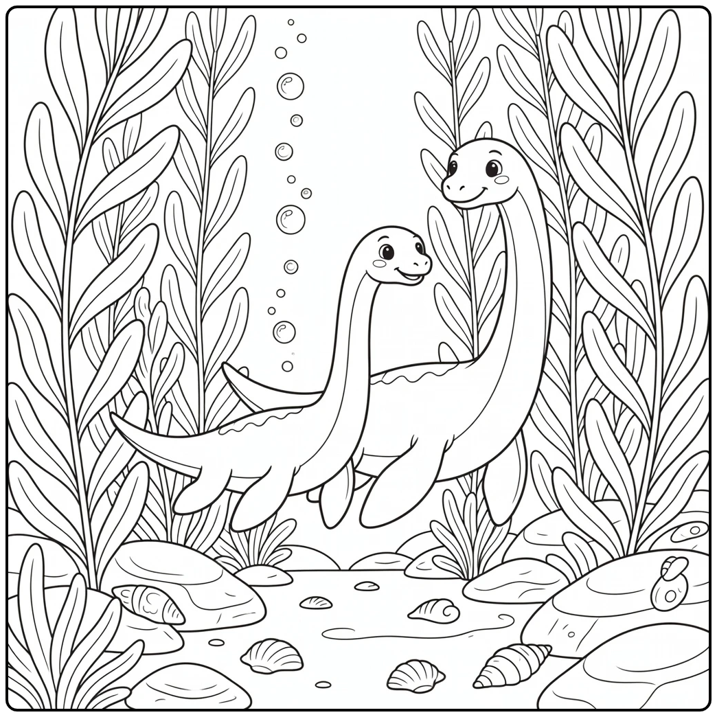 Water Dinosaur Coloring Page of Plesiosaurs in Kelp Forest
