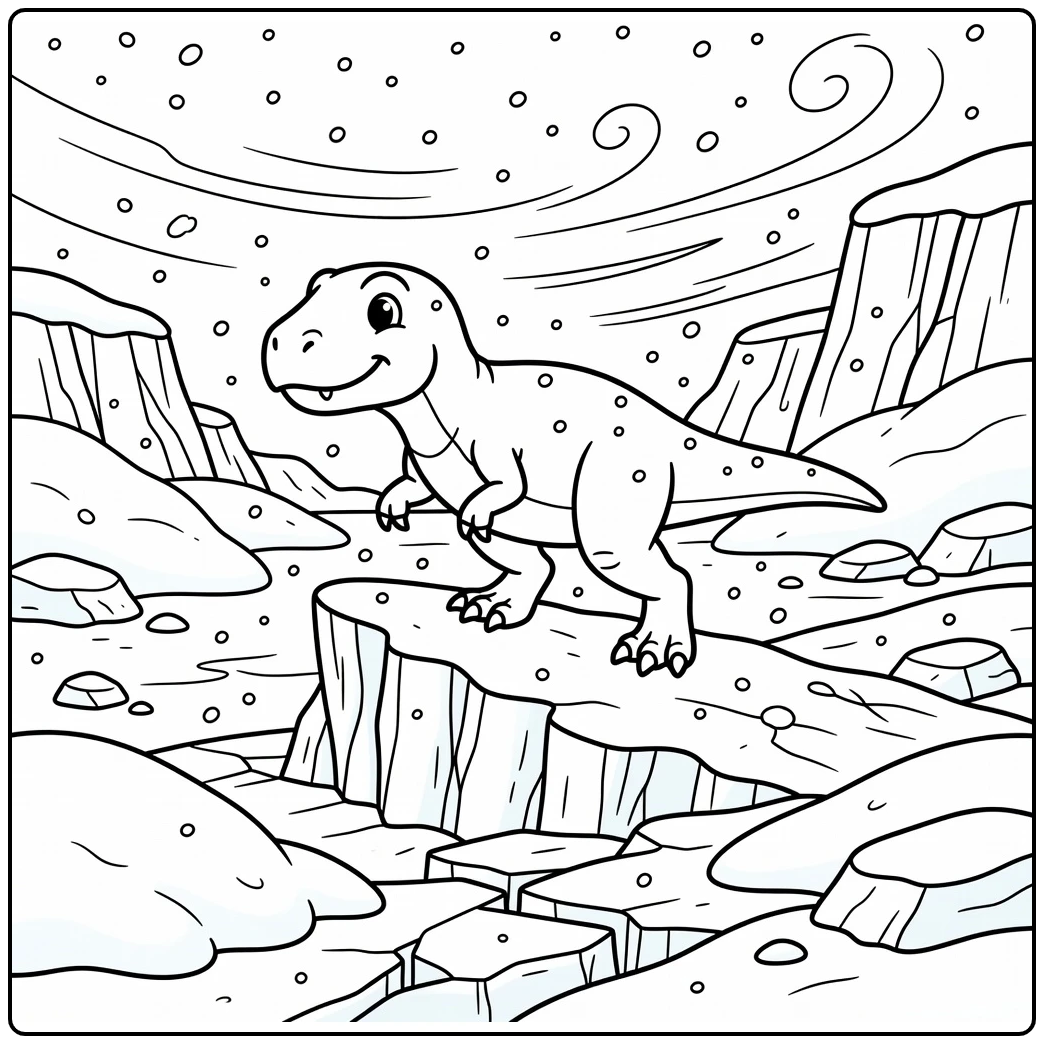 Winter dinosaur coloring page of Nanuqsaurus on icy ridge