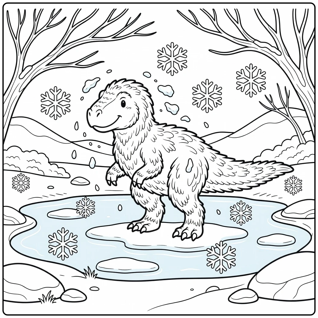 winter dinosaur coloring page of Yutyrannus by frozen pond