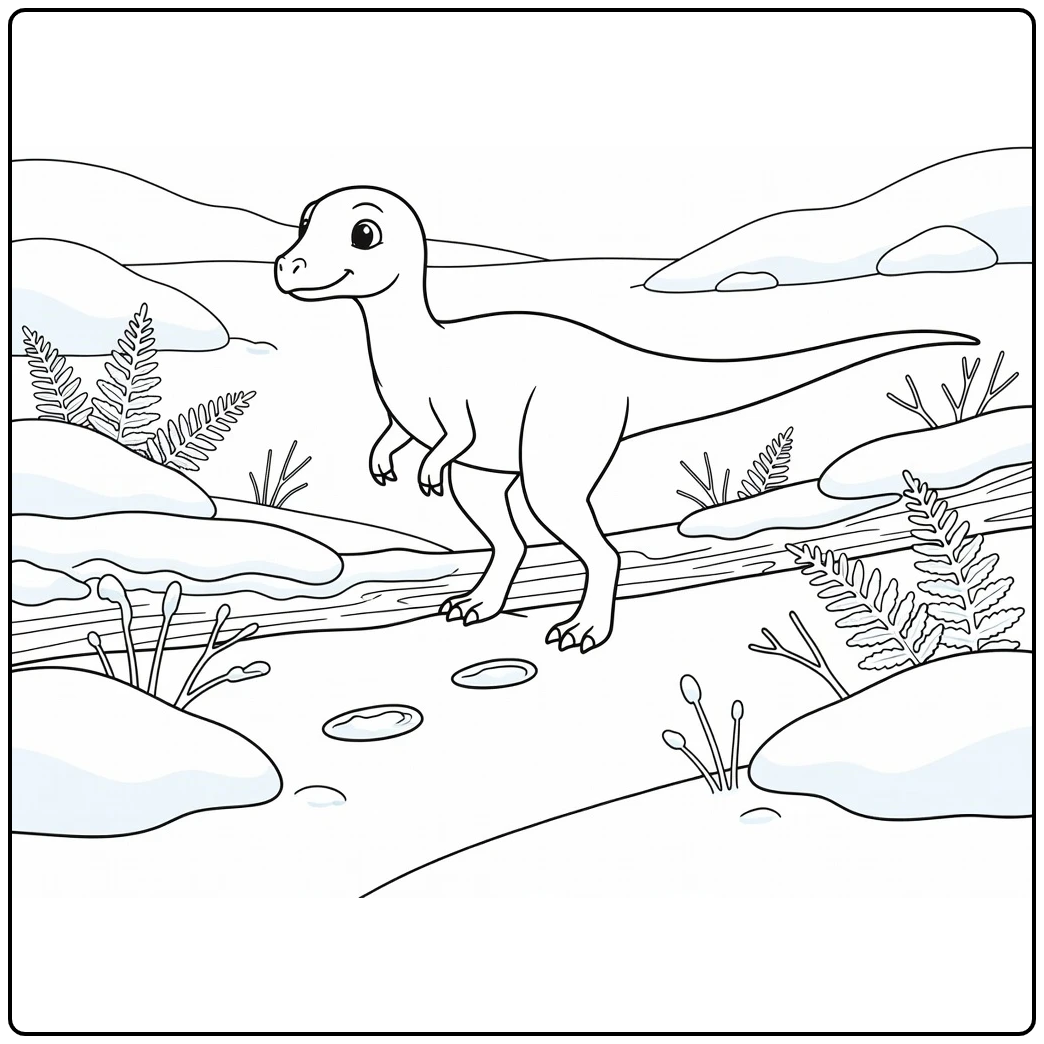 Winter dinosaur coloring page of Leaellynasaura in snow