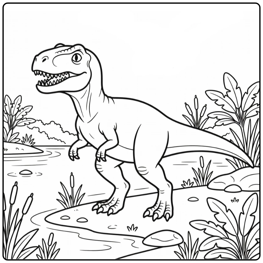 allosaurus coloring page dinosaur at lakeshore scene