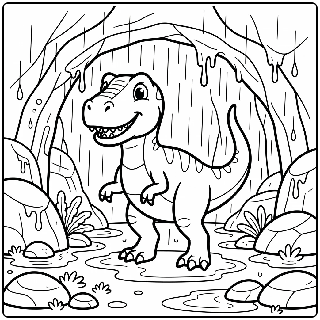 allosaurus coloring page of dinosaur in rainy cave