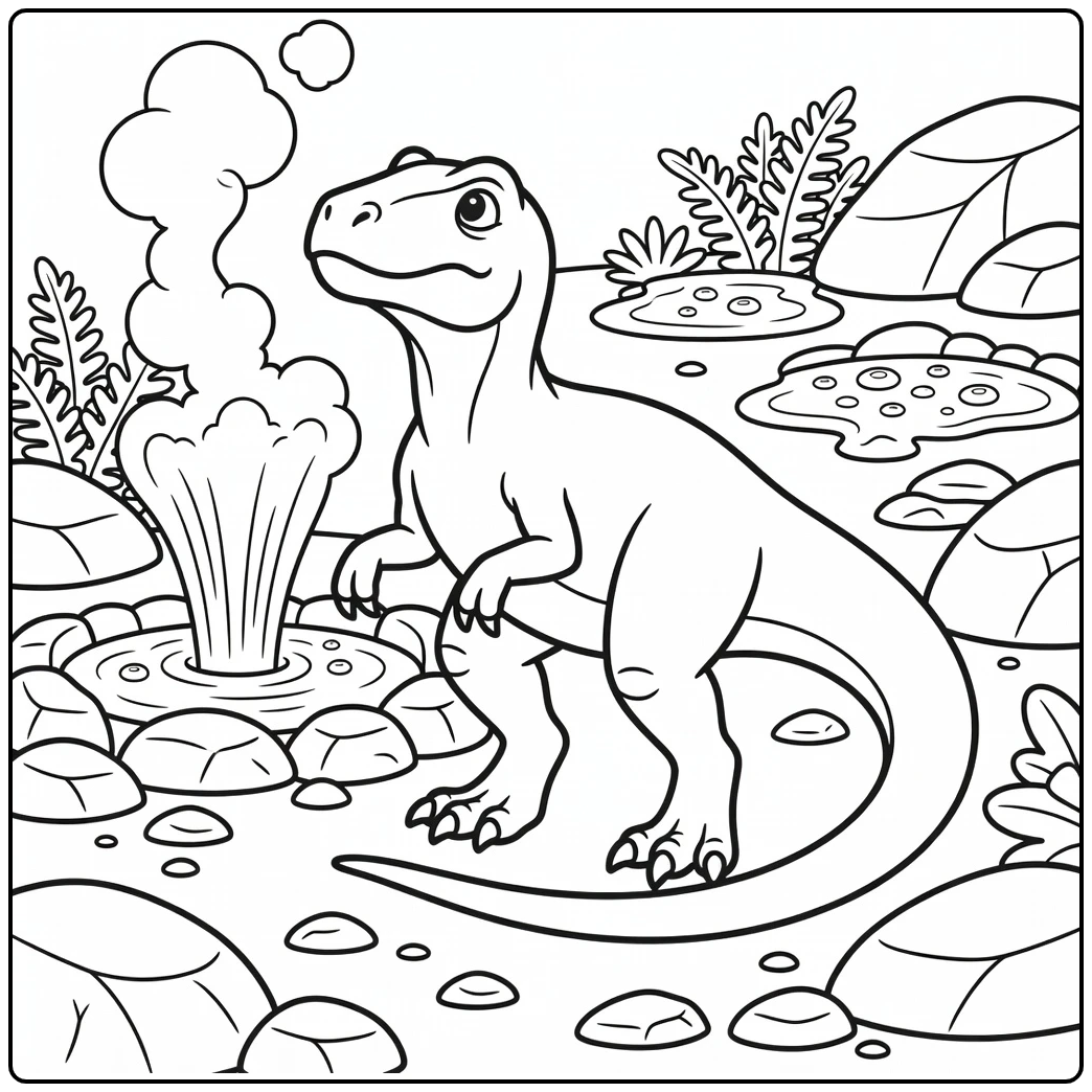 allosaurus coloring page with dinosaur and geyser