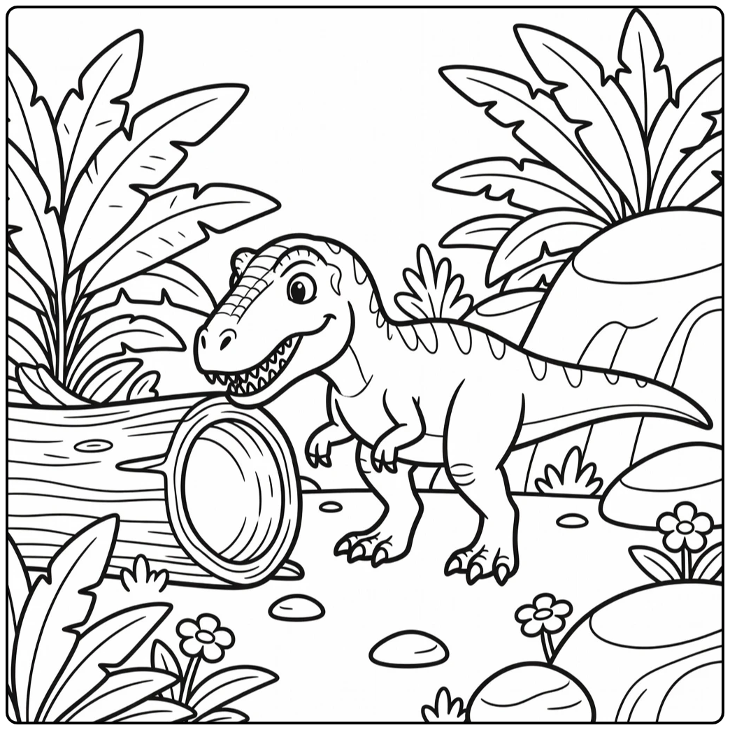 allosaurus coloring page dinosaur at hollow log with ferns