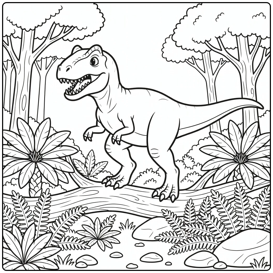 allosaurus coloring page dinosaur over tree trunk