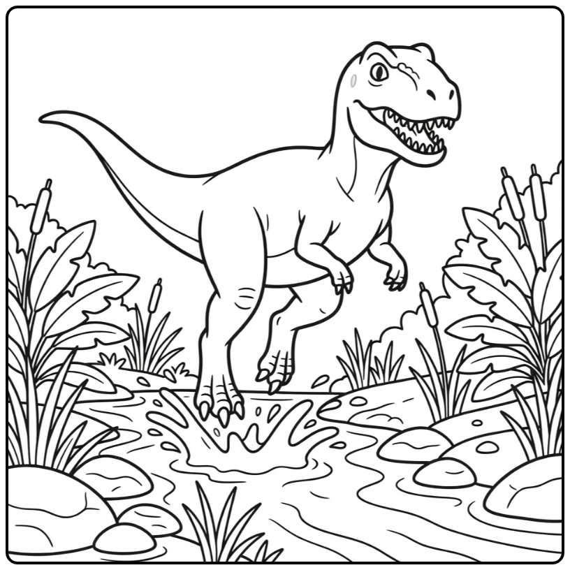 allosaurus coloring page leaping across stream