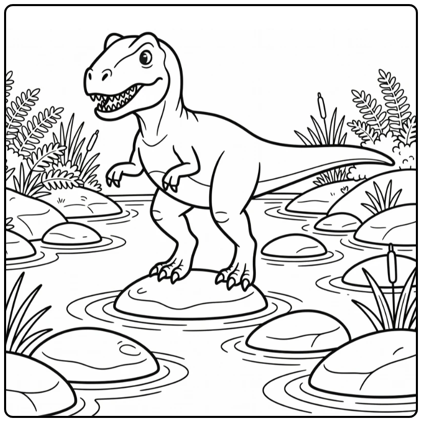 allosaurus coloring page with dinosaur on river stones