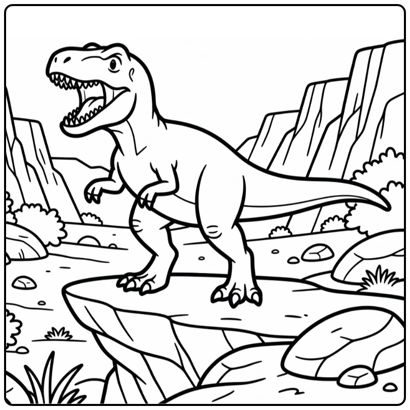 allosaurus coloring page with roaring dinosaur on ledge