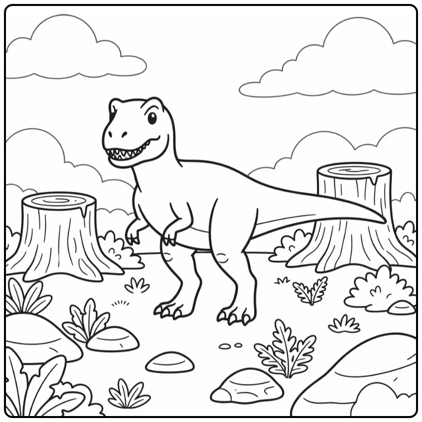 allosaurus coloring page Allosaurus near tree stumps on plain