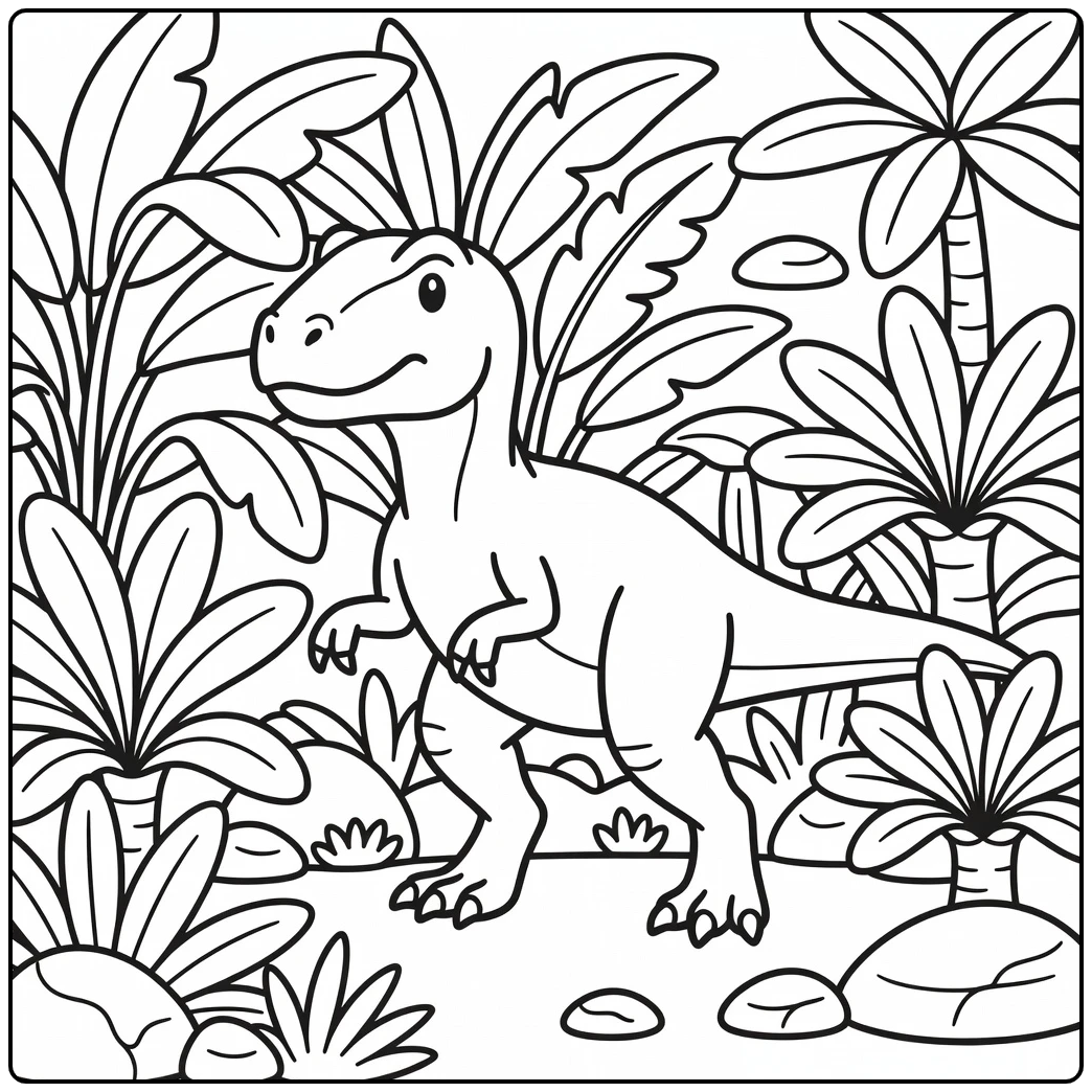 Allosaurus coloring page with prehistoric plants and ferns