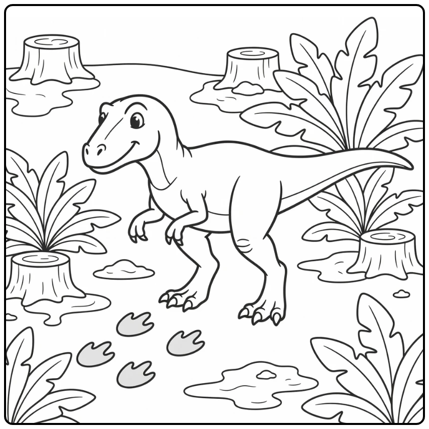 allosaurus coloring page dinosaur sniffing footprints
