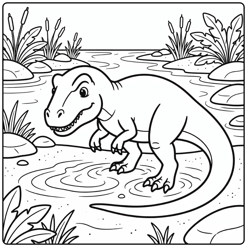 allosaurus coloring page dinosaur pawing sand by river