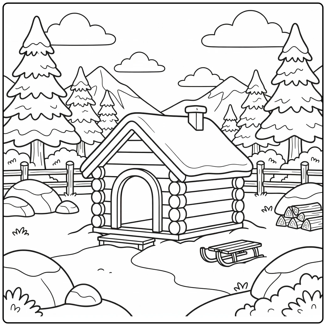Alpine dog house coloring page in snowy mountain yard