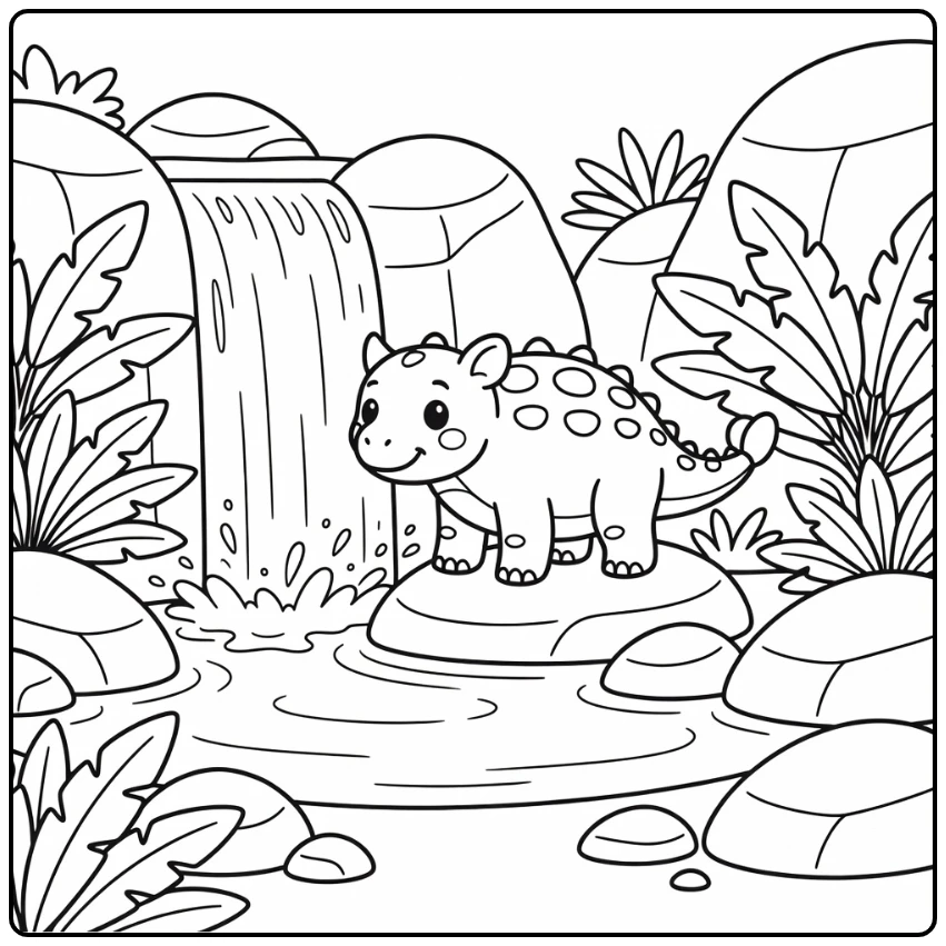 ankylosaurus coloring page with waterfall and leaves