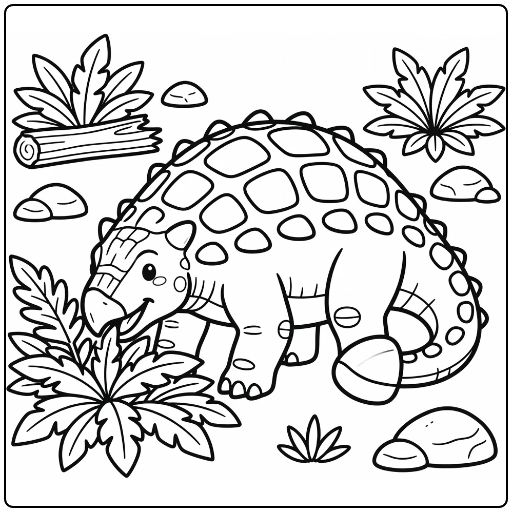 Ankylosaurus coloring page of dinosaur eating prehistoric leaves