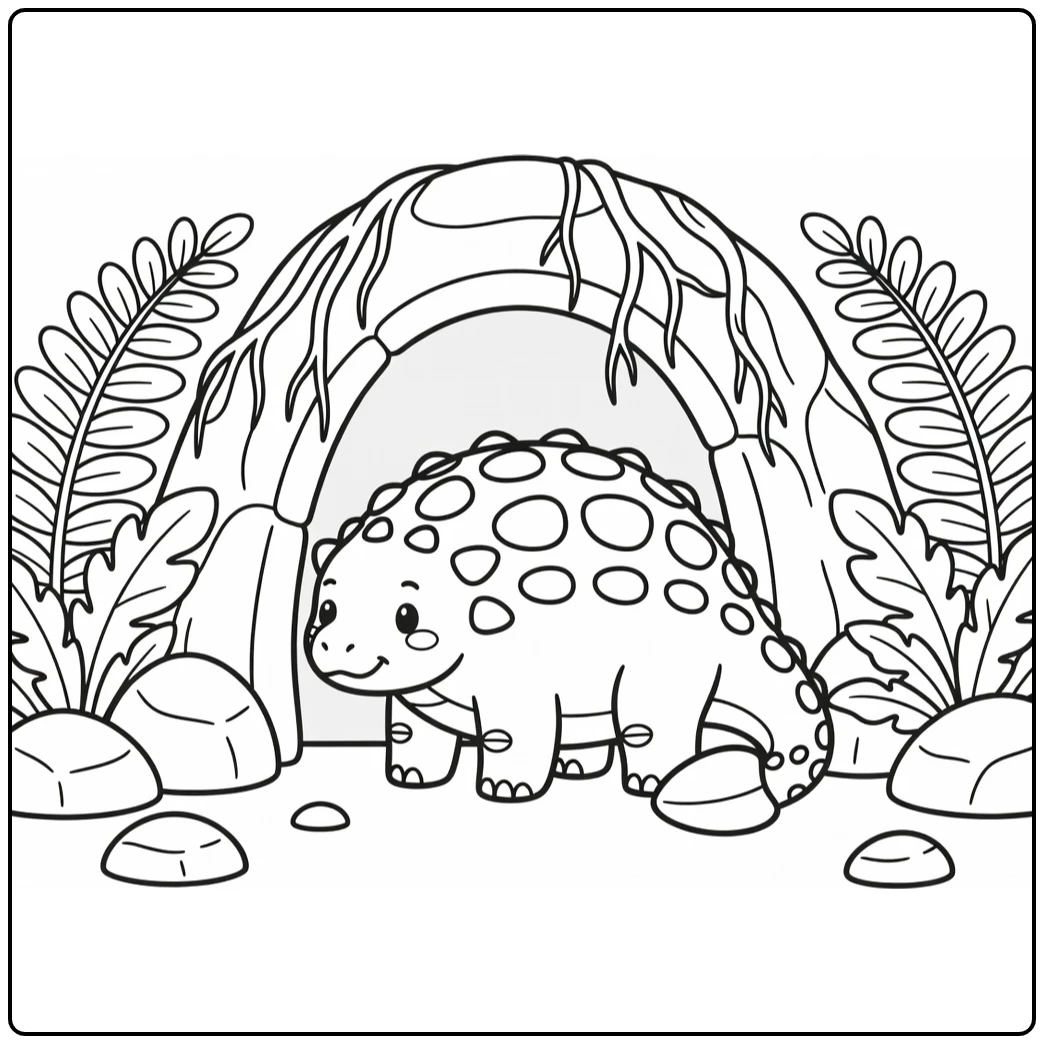 Ankylosaurus coloring page dinosaur at cave entrance with ferns