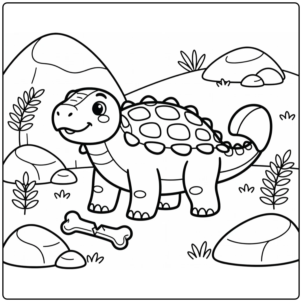 ankylosaurus coloring page with curious dinosaur and bone