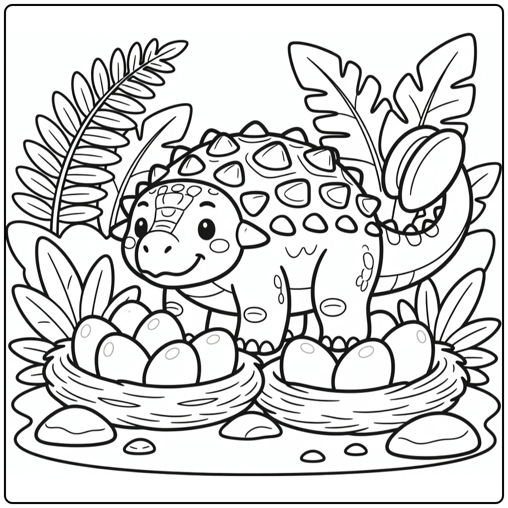 Ankylosaurus coloring page with dinosaur near nest of eggs