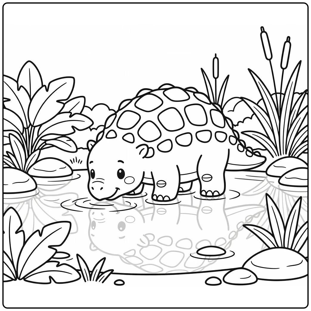 ankylosaurus coloring page with dinosaur at pond