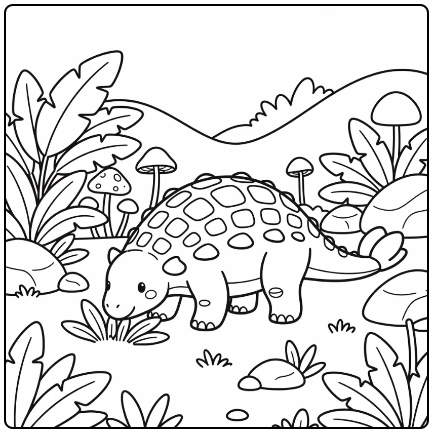 Ankylosaurus Coloring Page with Grazing Dinosaur and Plants