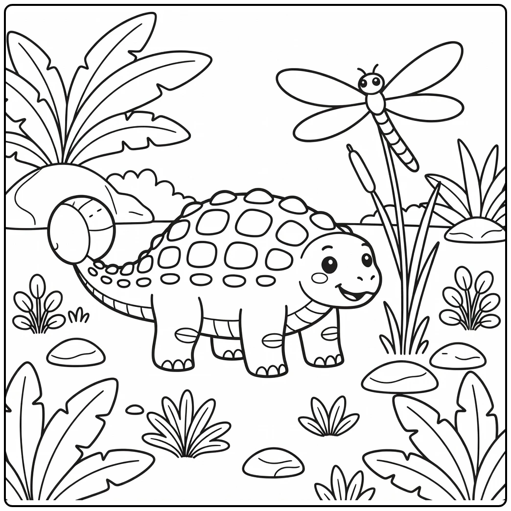 ankylosaurus coloring page with dragonfly on reed