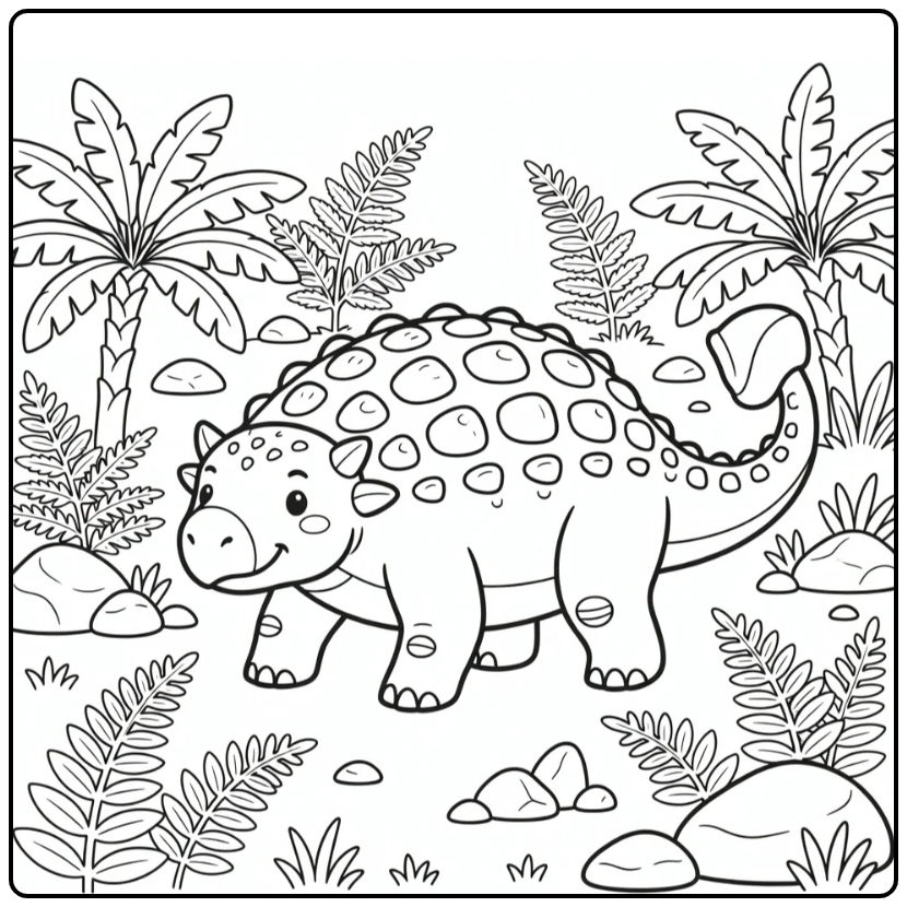 ankylosaurus coloring page with armored dinosaur in ferns