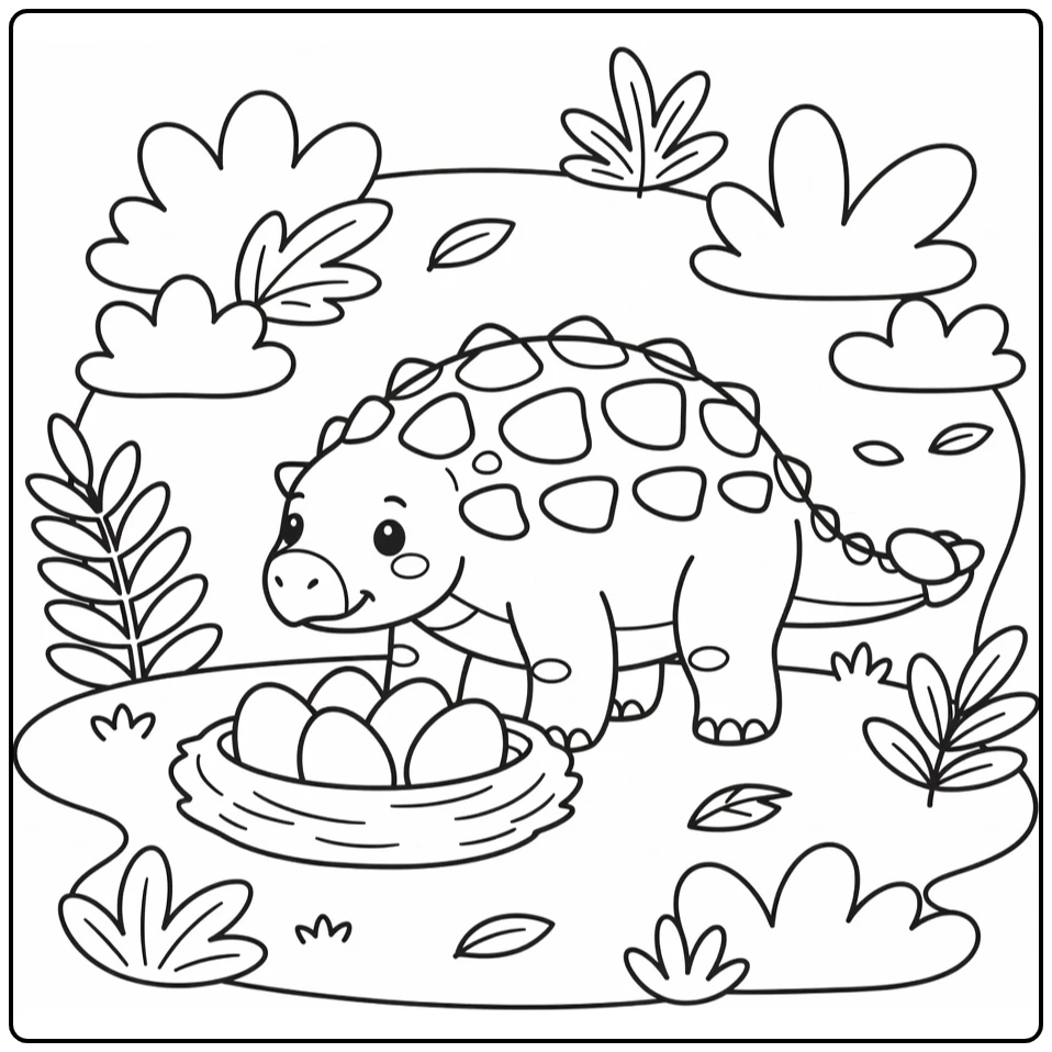 Ankylosaurus coloring page with nest of eggs and plants