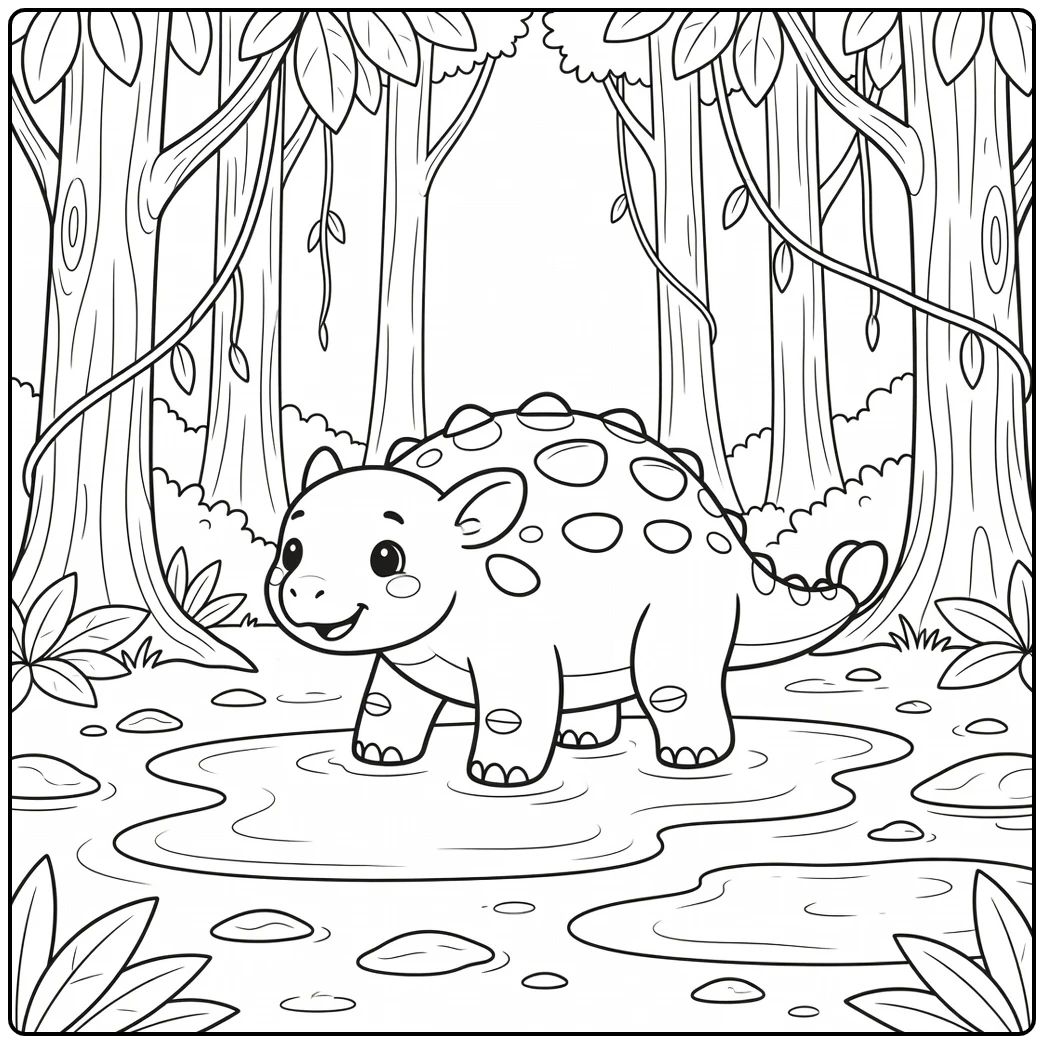 ankylosaurus coloring page dinosaur in rainy forest with puddles