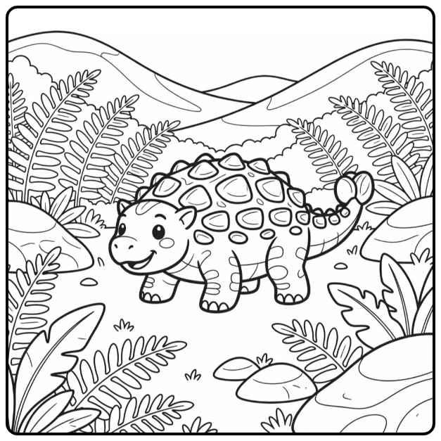 Ankylosaurus coloring page in fern valley with tail