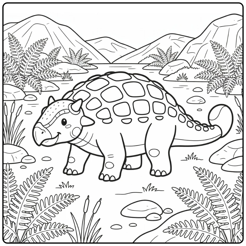 ankylosaurus coloring page with dino on river plain