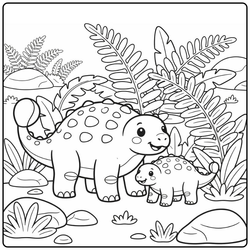 ankylosaurus coloring page adult and baby under ferns