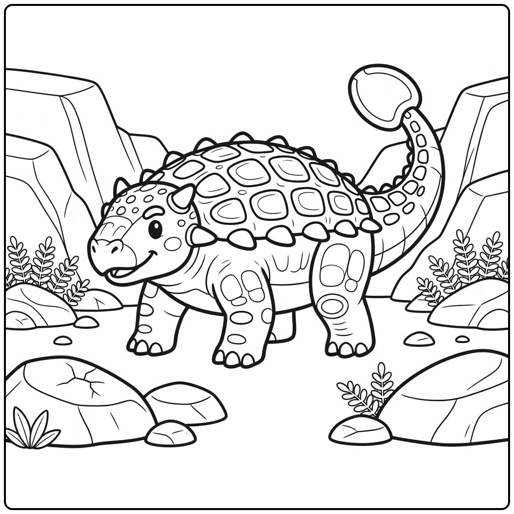 ankylosaurus coloring page of armored dinosaur in rocky clearing
